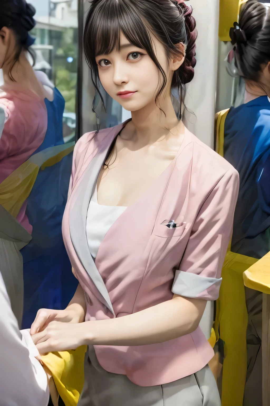 (masterpiece:1.2, Highest quality:1.2), 32k HDR, High resolution, (alone、1 girl)、 (Height: 160cm)、（On the rooftop of a building in the daytime、Professional Lighting）、Building rooftop background、（Nankai train crew uniform pinkを着たリアルスタイル）、（Nankai train crew uniform pink short sleeve collarless pink jacket、Nankai Train Crew Uniform Pink Collarless Short Sleeve Blouse、Nankai Train Crew Uniform Pink Grey Knee-length Culottes）、（The pink jacket is showing from the culottes.）、Dark brown hair、（Hair tied up、Hair tied up、Evening curly hairstyle）、Dark brown hair、Long Shot、Big Breasts、Thin legs、（（Great hands：2.0）），（（Harmonious body proportions：1.5）），（（Normal limbs：2.0）），（（Normal finger：2.0）），（（Delicate eyes：2.0）），（（Normal eyes：2.0））)、smile、（Nankai Train Crew Uniform Pink Grey Knee-length Culottesを見せた美しい歩く姿）、Big Breastsを見せる、Showing her breasts through her jacket、Place your hands around your stomach