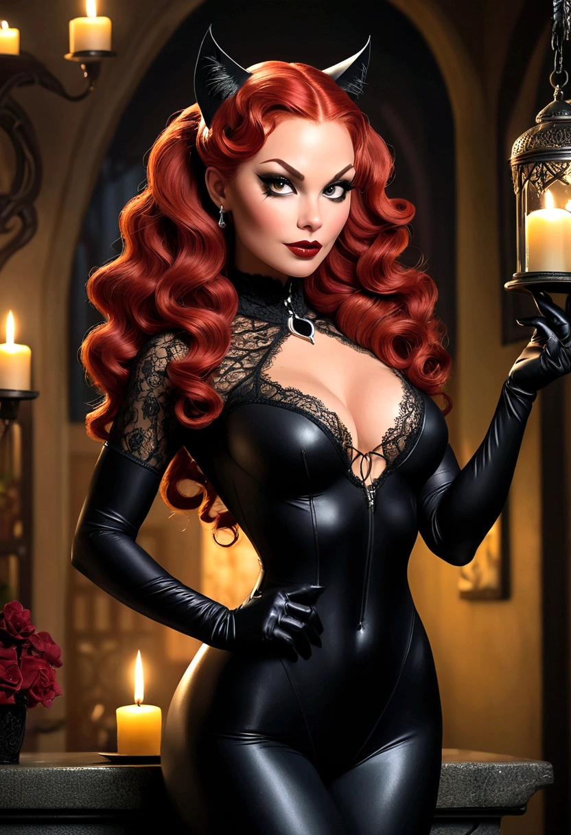 Full body shot Sophie Ellis-Bextor catwoman, ringlets wavy five feet long red hair, updo hairstyle with ponytail on one side and long hairpins holding the bun long braid, strong thighs, dark red glossy lips, heavy black eye shadow long black eyeliner, long sharp claws, black lace beautiful and creative catwoman bodysuit with no jewels, huge cleavage, clear ears no earrings, no earrings, no earrings, no earrings, no jewels, beautiful forehead lace ornament, posing in a feminine catwoman den, happy expression, dark ambience night time candle lights. No faces on her chest!