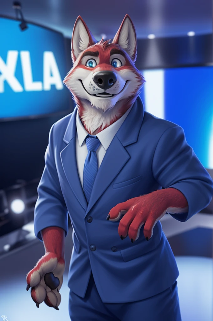 Ivan Fedorovich Wolfbach (Novosibirsk) ,tall handsome, wolf,young, 24 years, brown fur,Kind,(red body:1.3),beautiful blue eyes,Novosibirsk,dressed, Blue jacket, shirt, tie, blue pants, wolf, detailed fur, male,paw pads, finger claws,At the viewer, 5 fingers, paws, 5 fingers, smile, wrist watch, т nextel,by xenoforge, (difficult, high detail, digital photography, soft focus, RAW variety близко к камере, variety,Novosibirsk, smile, good mood, positive, Very close to the camera,presenter Moscow, TV channel Russia 1,lead photorealism, realistic, digital style, Subsurface scattering,looks at the squares, News studio, a good mood, funny,
masterpiece, Best quality, ultra realistic, 8 thousand.)