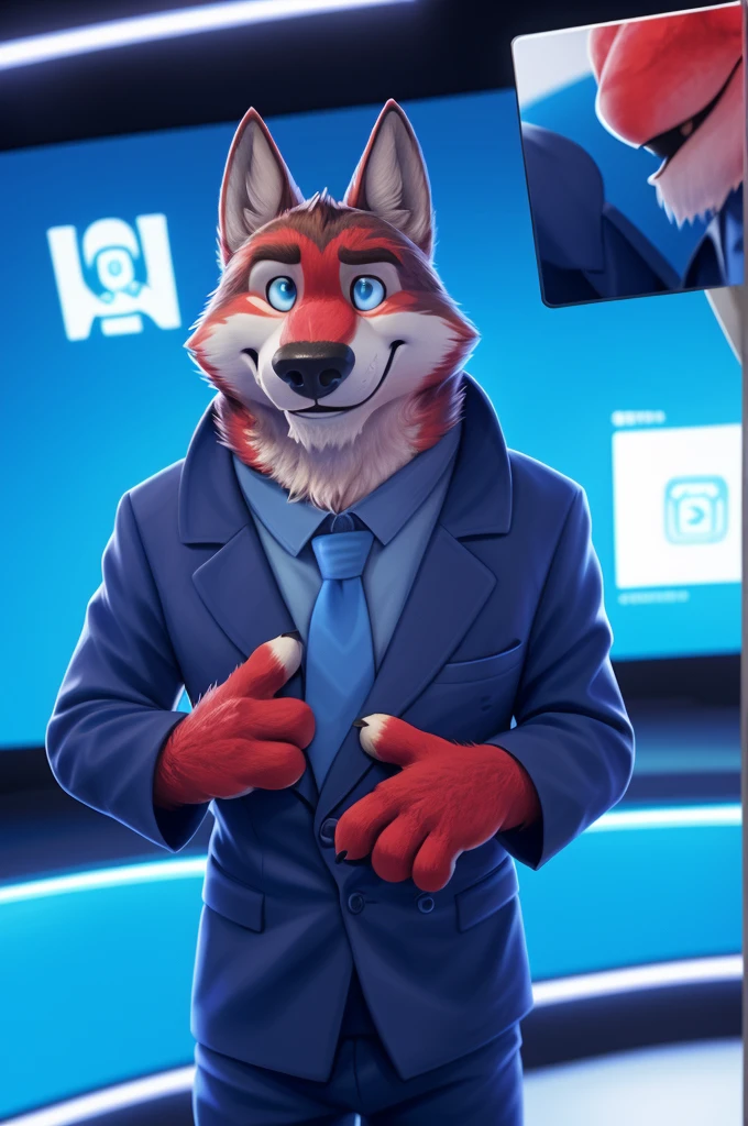 Ivan Fedorovich Wolfbach (Novosibirsk) ,tall handsome, wolf,young, 24 years, brown fur,Kind,(red body:1.3),beautiful blue eyes,Novosibirsk,dressed, Blue jacket, shirt, tie, blue pants, wolf, detailed fur, male,paw pads, finger claws,At the viewer, 5 fingers, paws, 5 fingers, smile, wrist watch, т nextel,by xenoforge, (difficult, high detail, digital photography, soft focus, RAW variety близко к камере, variety,Novosibirsk, smile, good mood, positive, Very close to the camera,presenter Moscow, TV channel Russia 1,lead photorealism, realistic, digital style, Subsurface scattering,looks at the squares, News studio, a good mood, funny, 
masterpiece, Best quality, ultra realistic, 8 thousand.)