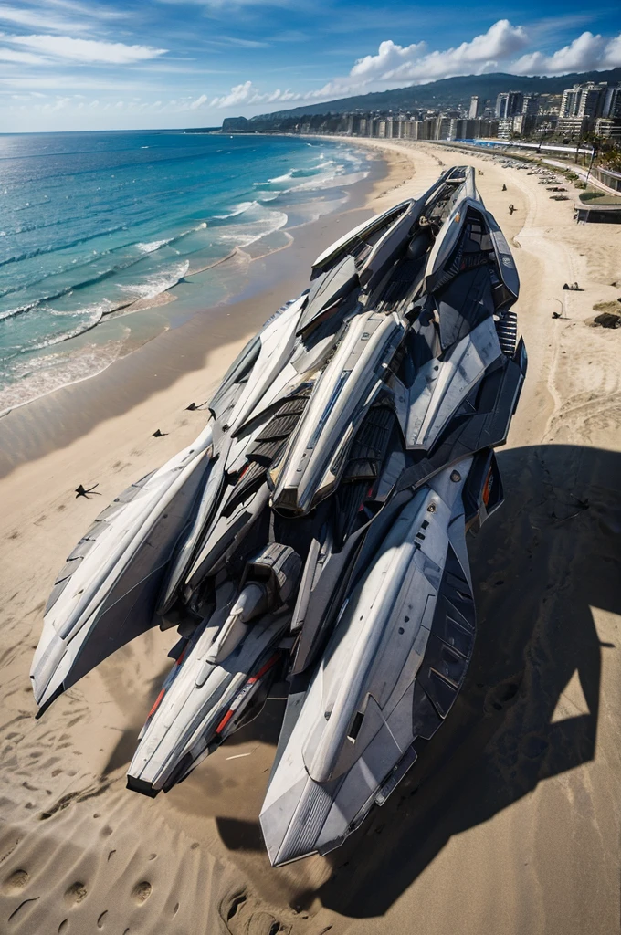 a spaceship floating over surfers and a beach towards an airport nearby, masterpiece, best, photo realistic