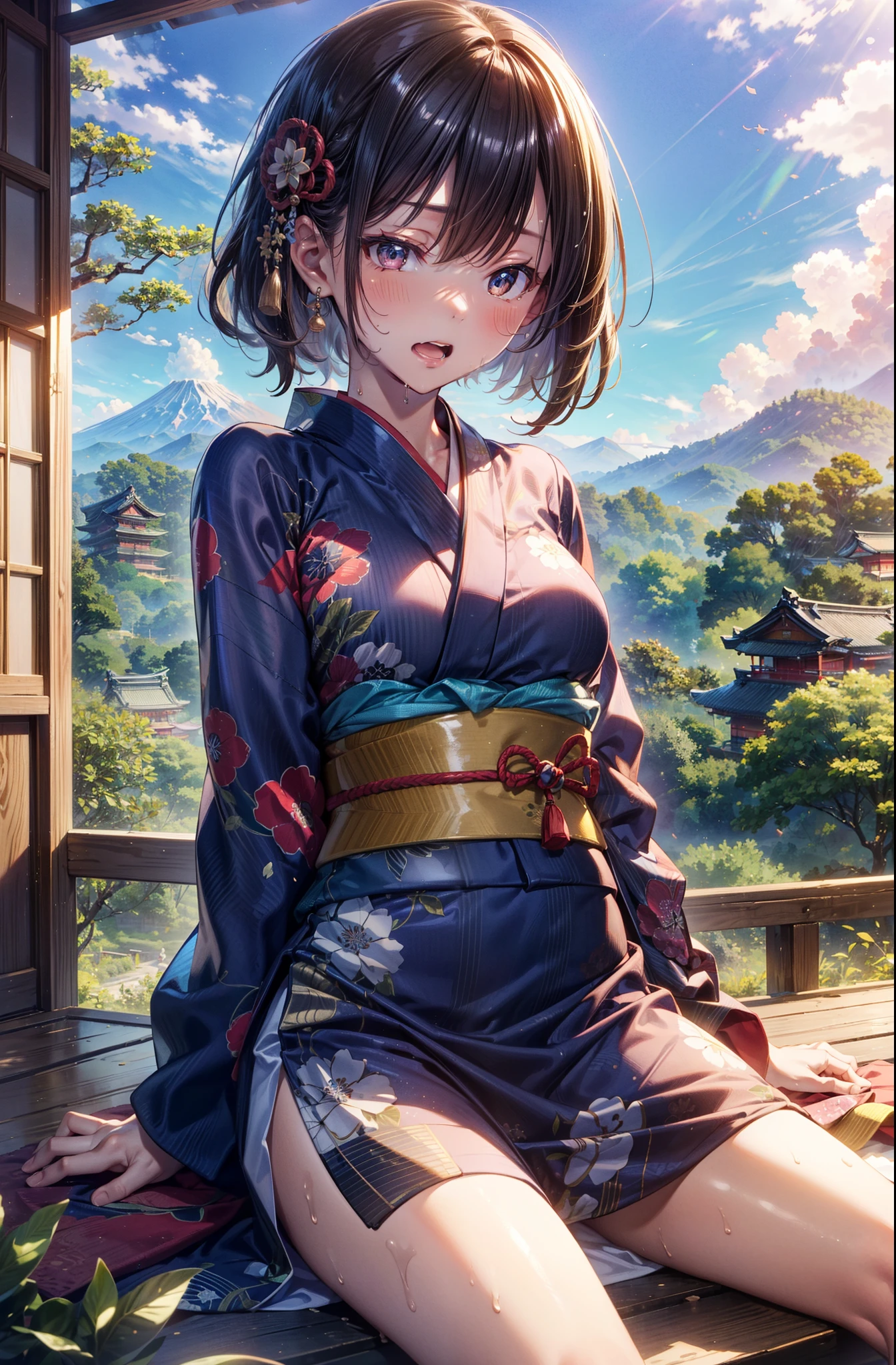 ((Wearing a long-hemmed long yukata, on top of a hill, bright sky, sitting, looking into the distance, Japanese countryside)),, (((solo))), Masterpiece,(share),One cute girl, Highest quality,High resolution,High resolution,Highly detailed CG,8K Unit Wallpaper,17 years old,Beautiful attention to detail,small Breasts,Biomechanical OPPAI,No sleeve,,(Shiny body:1.3),Open your mouth, blush, Sweat,Embarrassed,sexy