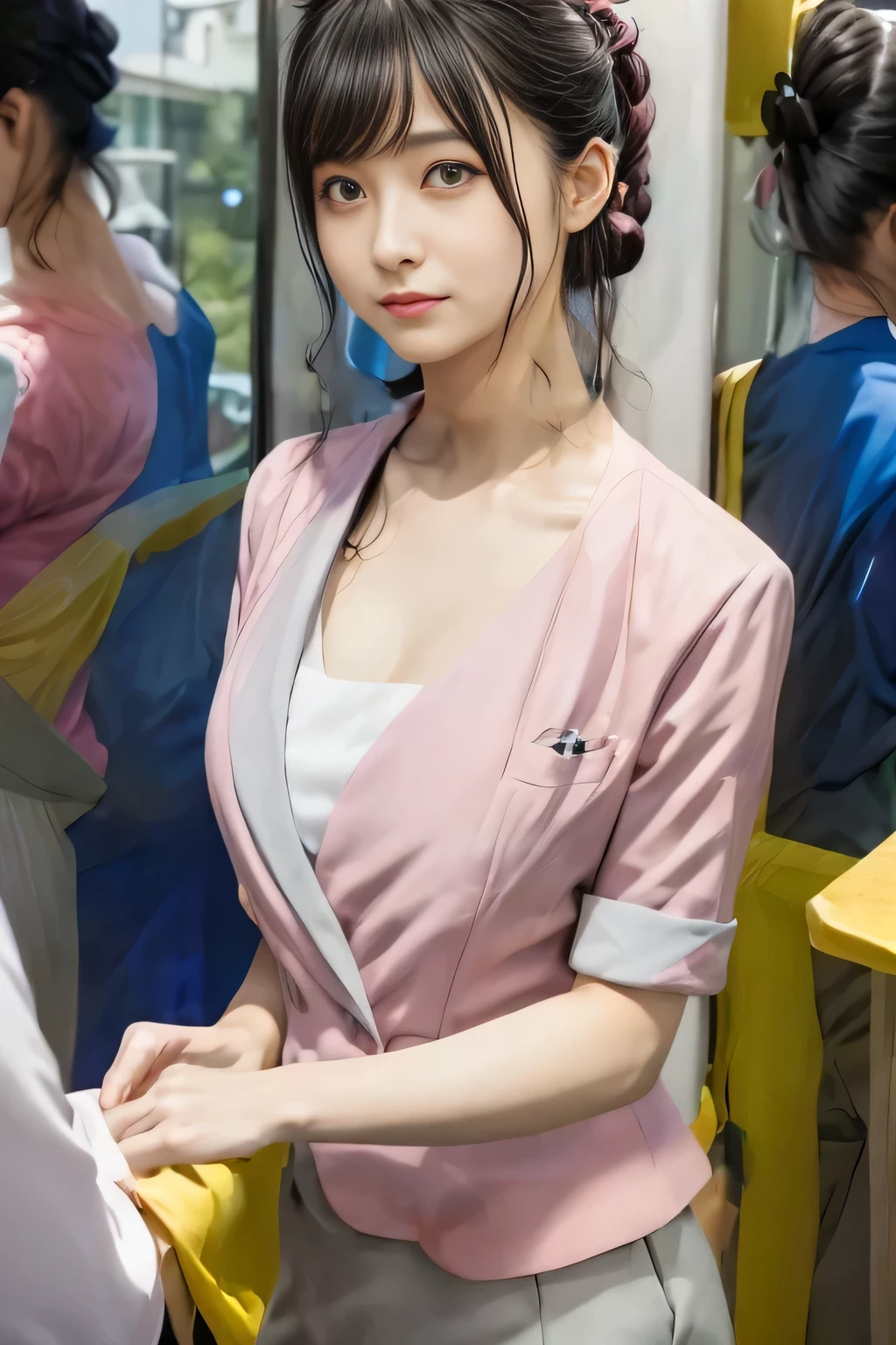 (masterpiece:1.2, Highest quality:1.2), 32k HDR, High resolution, (alone、1 girl)、 (Height: 160cm)、(On the rooftop of a building in the daytime、Professional Lighting)、Building rooftop background、(Nankai train crew uniform pinkを着たリアルスタイル)、(Nankai train crew uniform pink short sleeve collarless pink jacket、Nankai Train Crew Uniform Pink Collarless Short Sleeve Blouse、Nankai Train Crew Uniform Pink Grey Knee-length Culottes)、(The pink jacket is showing from the culottes.)、Dark brown hair、(Hair tied up、Hair tied up、Evening curly hairstyle)、Dark brown hair、Long Shot、Big Breasts、Thin legs、((Great hands:2.0)),((Harmonious body proportions:1.5)),((Normal limbs:2.0)),((Normal finger:2.0)),((Delicate eyes:2.0)),((Normal eyes:2.0)))、smile、(Nankai Train Crew Uniform Pink Grey Knee-length Culottesを見せた美しい歩く姿)、Big Breastsを見せる、Showing her breasts through her jacket、Place your hands around your stomach