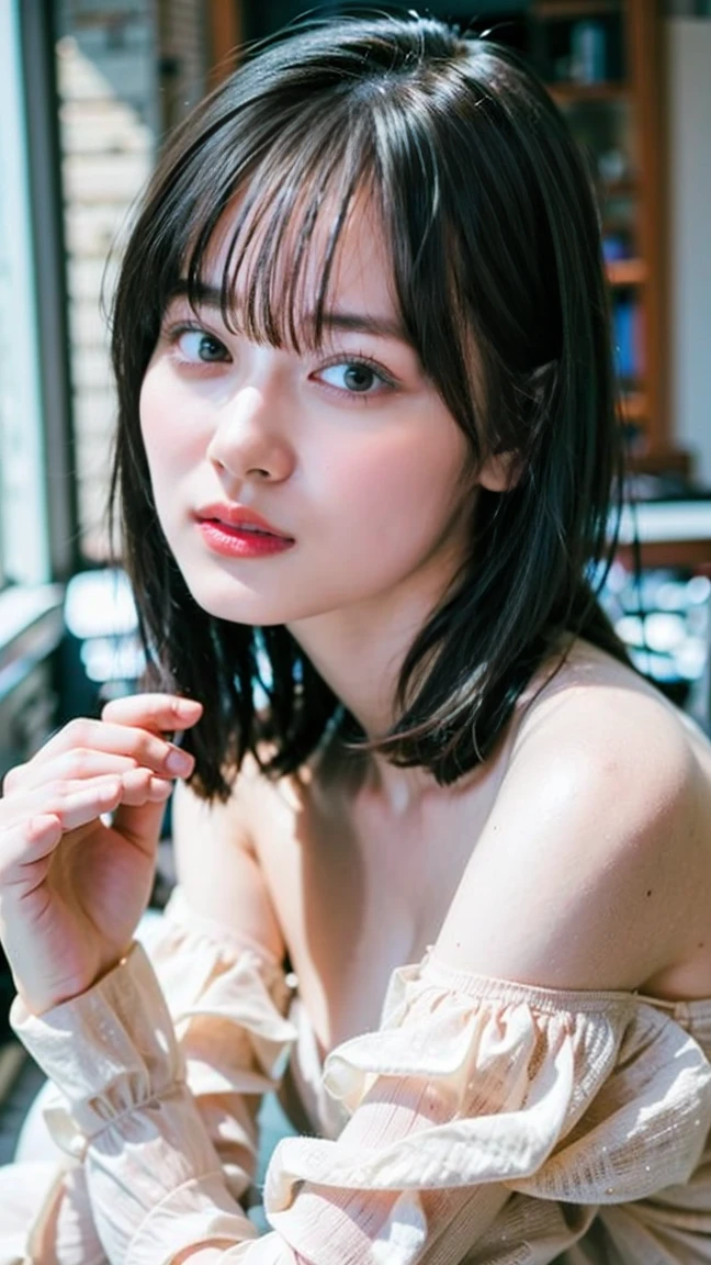 masterpiece, Highest quality, 8K, 18-year-old, Big Breasts, cute, alone, A kind smile, Idol, cute, girly, Delicate girl, Pure beauty, RAW Photos, Professional photography, Portraiture, Soft Light, Professional Lighting, Backlight, Upper Body, avert your eyes, Sophisticated, Film Grain, (Eye and facial details:1.0), Floating Shorthair, beautiful, Flowing Hair, bangs, Off-the-shoulder knit、Big Breasts、The chest is slightly visible, Huge breasts:2.0、((Full nudity))