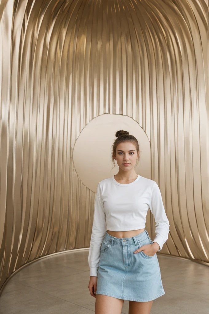 her name is An, high quality, 1girl, ((20-year-old fit Caucasian woman)), ((20 years old)), ((fit)), ((hair in a bun)), pose: standing, wearing pastel colored unique edgy gen Z modern wear, BACKGROUND: "Inside the Guggenheim, the organic curves and shimmering titanium walls create a dynamic backdrop for cutting-edge contemporary art."