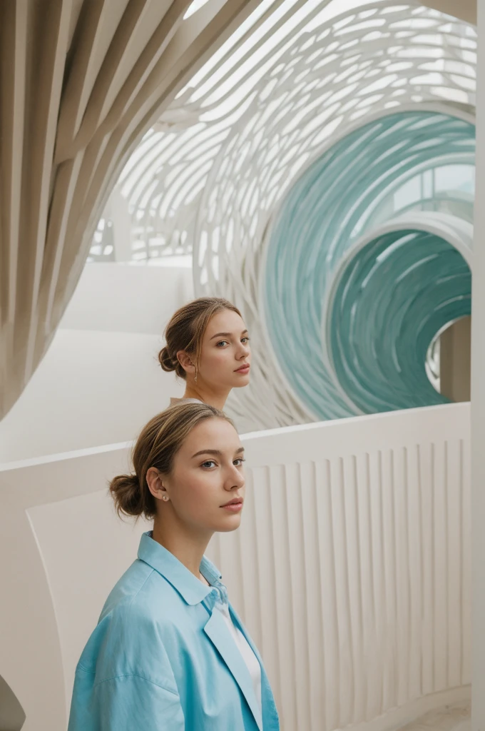 her name is An, high quality, 1girl, ((20-year-old fit Caucasian woman)), ((20 years old)), ((fit)), ((hair in a bun)), pose: standing, wearing pastel colored unique edgy gen Z modern wear, BACKGROUND: "Inside the Guggenheim, the organic curves and shimmering titanium walls create a dynamic backdrop for cutting-edge contemporary art."