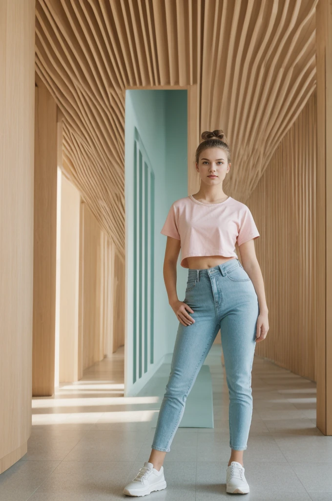 her name is An, high quality, 1girl, ((20-year-old fit Caucasian woman)), ((20 years old)), ((fit)), ((hair in a bun)), pose: standing, wearing pastel colored unique edgy gen Z modern wear, BACKGROUND: "Inside the Guggenheim, the organic curves and shimmering titanium walls create a dynamic backdrop for cutting-edge contemporary art."