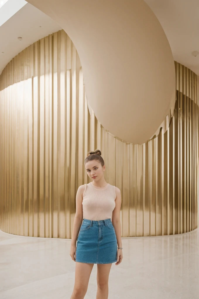 her name is An, high quality, 1girl, ((20-year-old fit Caucasian woman)), ((20 years old)), ((fit)), ((hair in a bun)), pose: standing, wearing pastel colored unique edgy gen Z modern wear, BACKGROUND: "Inside the Guggenheim, the organic curves and shimmering titanium walls create a dynamic backdrop for cutting-edge contemporary art."