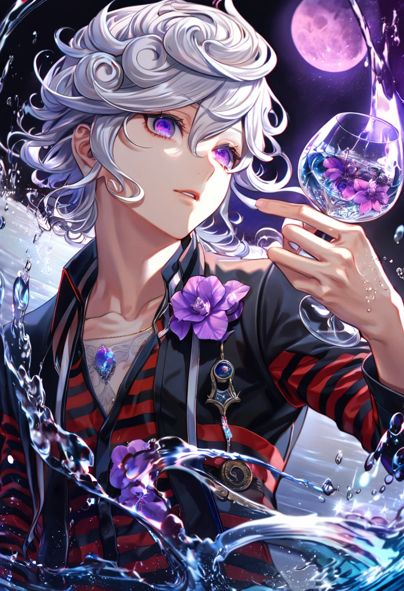 absurdres, highres, ultra detailed, HDR, master piece, best quality, extremely detailed, Alcor, white curly hair, expressive purple eyes, white eyelashes, Devil Survivor, solo, sexy man, handsome, red turtleneck shirt, black striped shirt, magical, fantasy, glittering, sparkling, glass, purple flowers, purple petals, water, purple moon