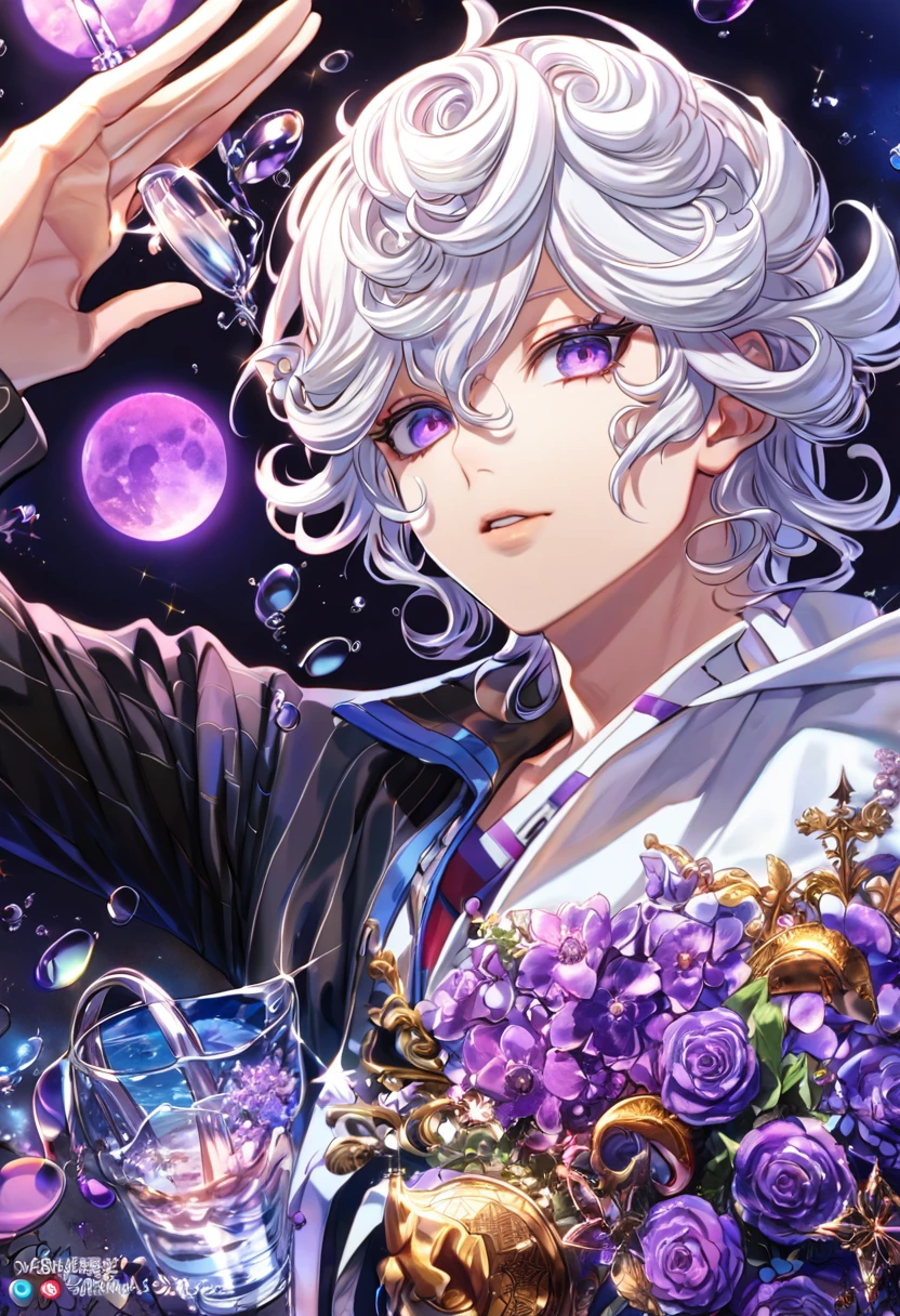 absurdres, highres, ultra detailed, HDR, master piece, best quality, extremely detailed, Alcor, white curly hair, expressive purple eyes, white eyelashes, Devil Survivor 2, solo, sexy man, handsome, red and black striped shirt, magical, fantasy, glittering, sparkling, glass, purple flowers, purple petals, water, purple moon