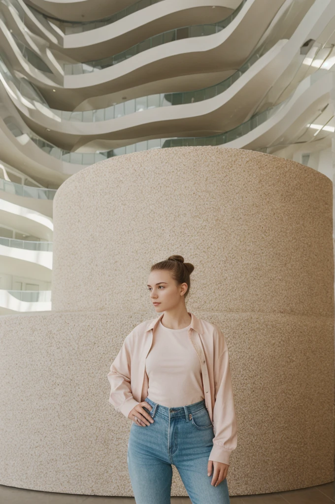 her name is An, high quality, 1girl, ((20-year-old fit Caucasian woman)), ((20 years old)), ((fit)), ((hair in a bun)), pose: standing, wearing pastel colored unique edgy gen Z modern wear, BACKGROUND: "Inside the Guggenheim, the organic curves and shimmering titanium walls create a dynamic backdrop for cutting-edge contemporary art."