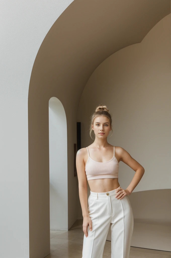 her name is An, high quality, 1girl, ((20-year-old fit Caucasian woman)), ((20 years old)), ((fit)), ((hair in a bun)), pose: standing, wearing pastel colored unique edgy gen Z modern wear, BACKGROUND: "Inside the Guggenheim, the organic curves and shimmering titanium walls create a dynamic backdrop for cutting-edge contemporary art."