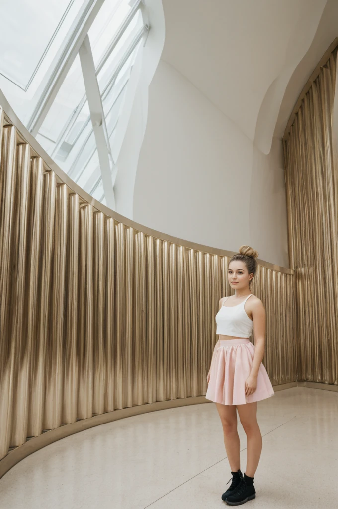 her name is An, high quality, 1girl, ((20-year-old fit Caucasian woman)), ((20 years old)), ((fit)), ((hair in a bun)), pose: standing, wearing pastel colored unique edgy gen Z modern wear, BACKGROUND: "Inside the Guggenheim, the organic curves and shimmering titanium walls create a dynamic backdrop for cutting-edge contemporary art."