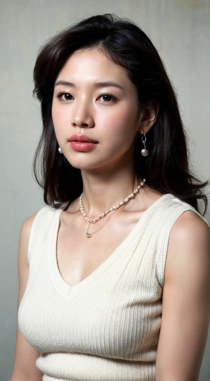 ((Highest quality, 8K, Portrait Photography: 1.3)), (Viewer Display), Photorealism,  Sharp focus, alone, beauty products,Medium Long Hair,Pearl Necklace、Pearl Earrings、 Accentuate your breasts, ((((Photograph the upper body)))),(V-neck sleeveless knit dress)，30 years old、Floral Background