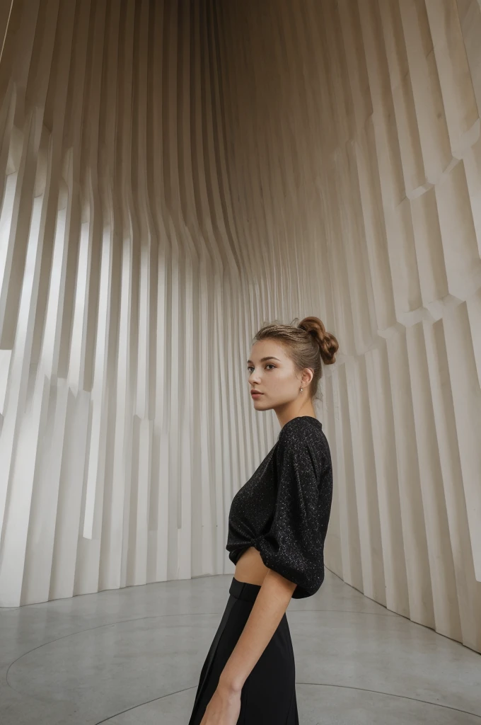 her name is An, high quality, 1girl, ((20-year-old fit Caucasian woman)), ((20 years old)), ((fit)), ((hair in a bun)), pose: standing, wearing dark colored unique edgy gen Z modern wear, BACKGROUND: "Inside the Guggenheim, the organic curves and shimmering titanium walls create a dynamic backdrop for cutting-edge contemporary art."
