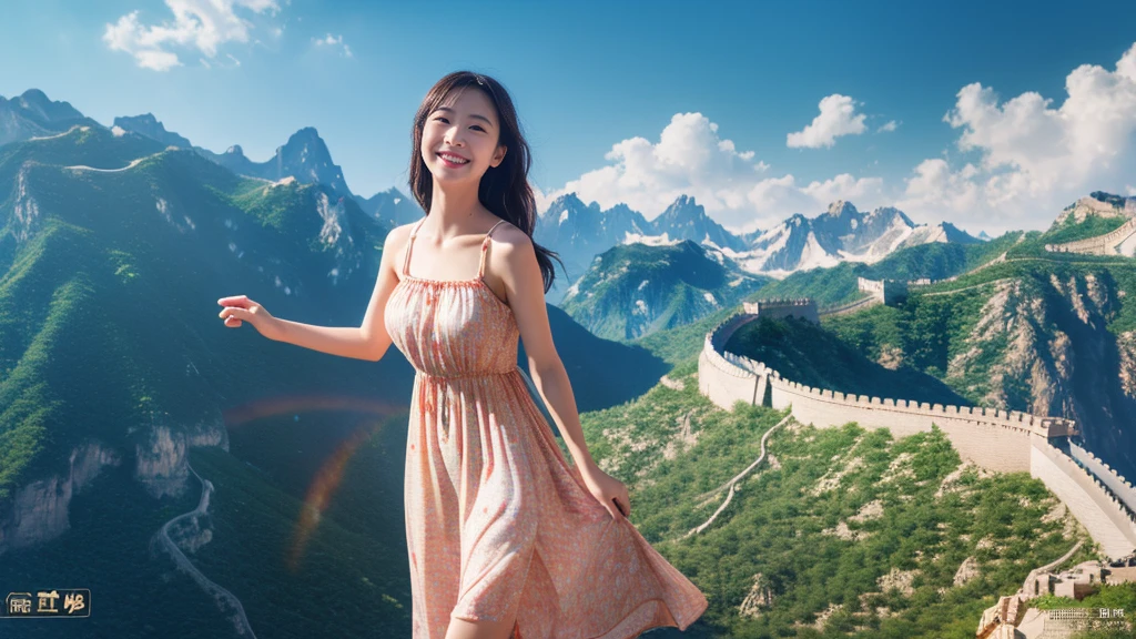 Master piece, CG Unity 8k walpaper, ((Realistic)), Ray Tracing, girl, Ultra Realistic, ultra HD, ((Sundress dress)), (China Great Wall), Mountains, Beautiful smile, ((smile))