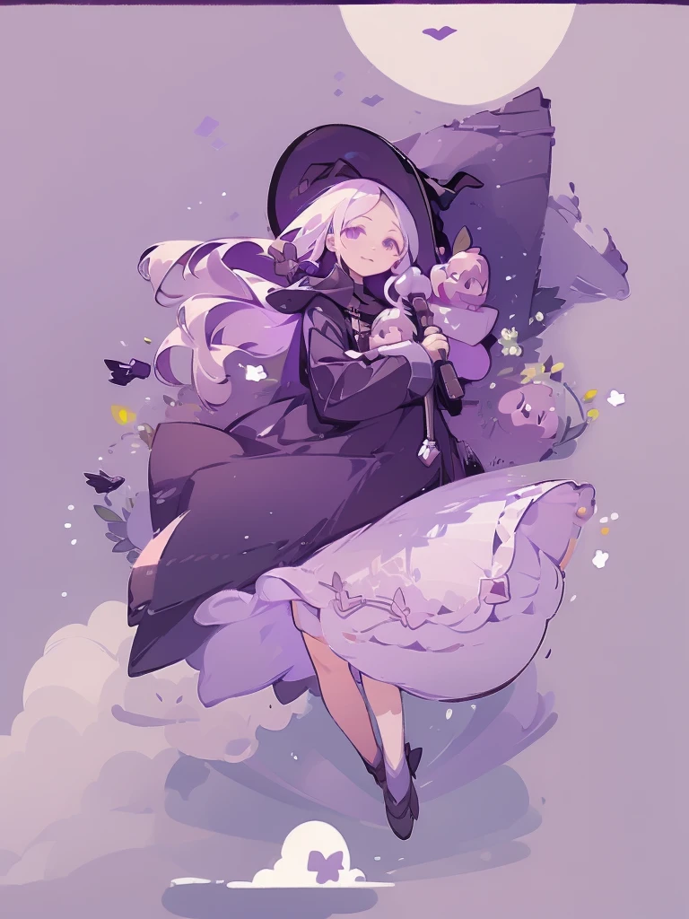1girl, witch, beautiful witch, long white hair, purple eyes, holding a black umbrella, illustration
