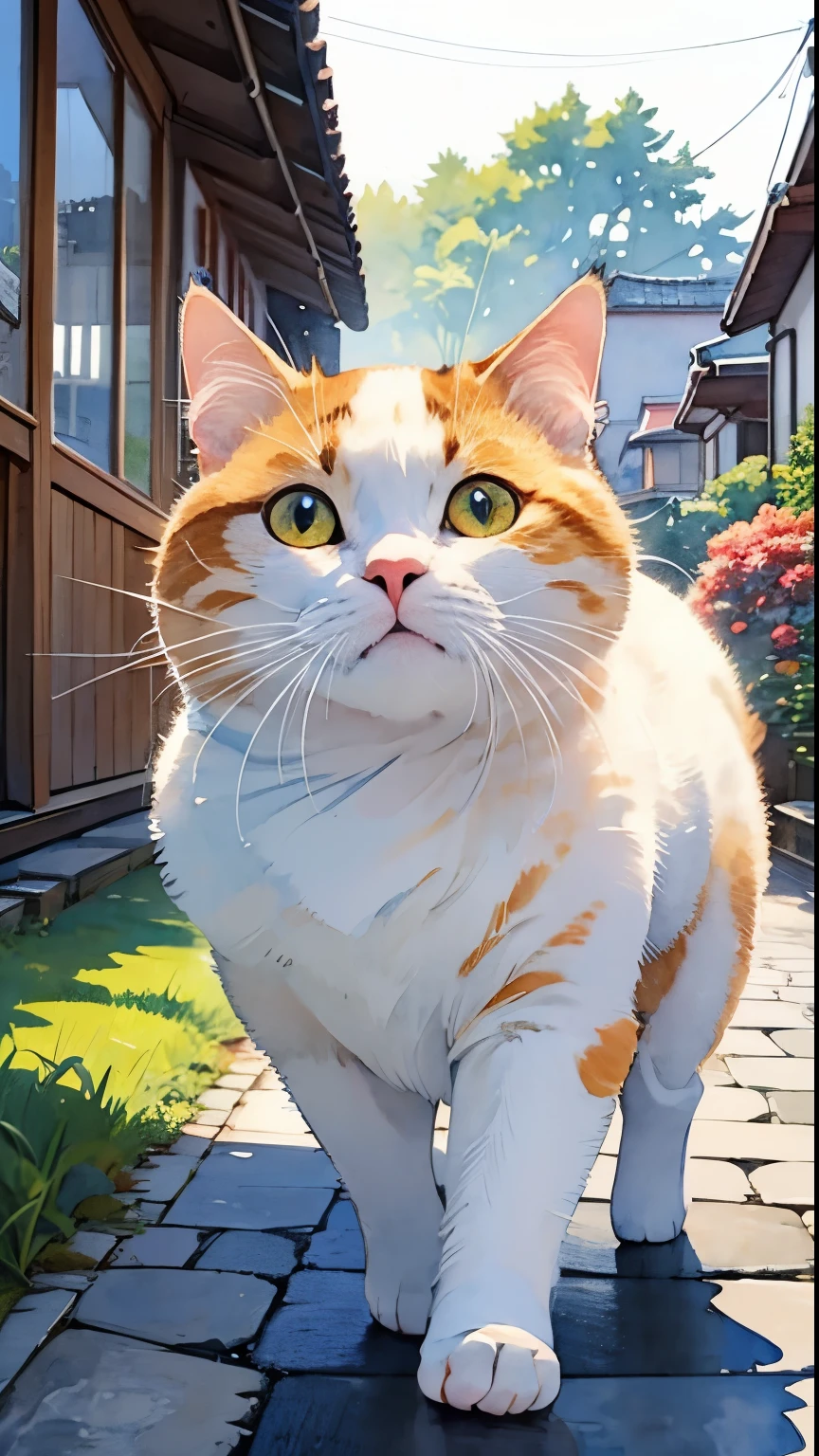 (masterpiece),(Highest quality),(Very detailed),(High resolution),((Line art)),((watercolor)),8K,wallpaper,A very detailed drawing of a calico cat、Insane Details、Very detailed猫、A calico cat strolling around as if it owns the place、Calico cat walking on the promenade、Old townscape of Japan、A path lined with plants、Different world、The Creation of Silence、Long Shot、The subject is small、