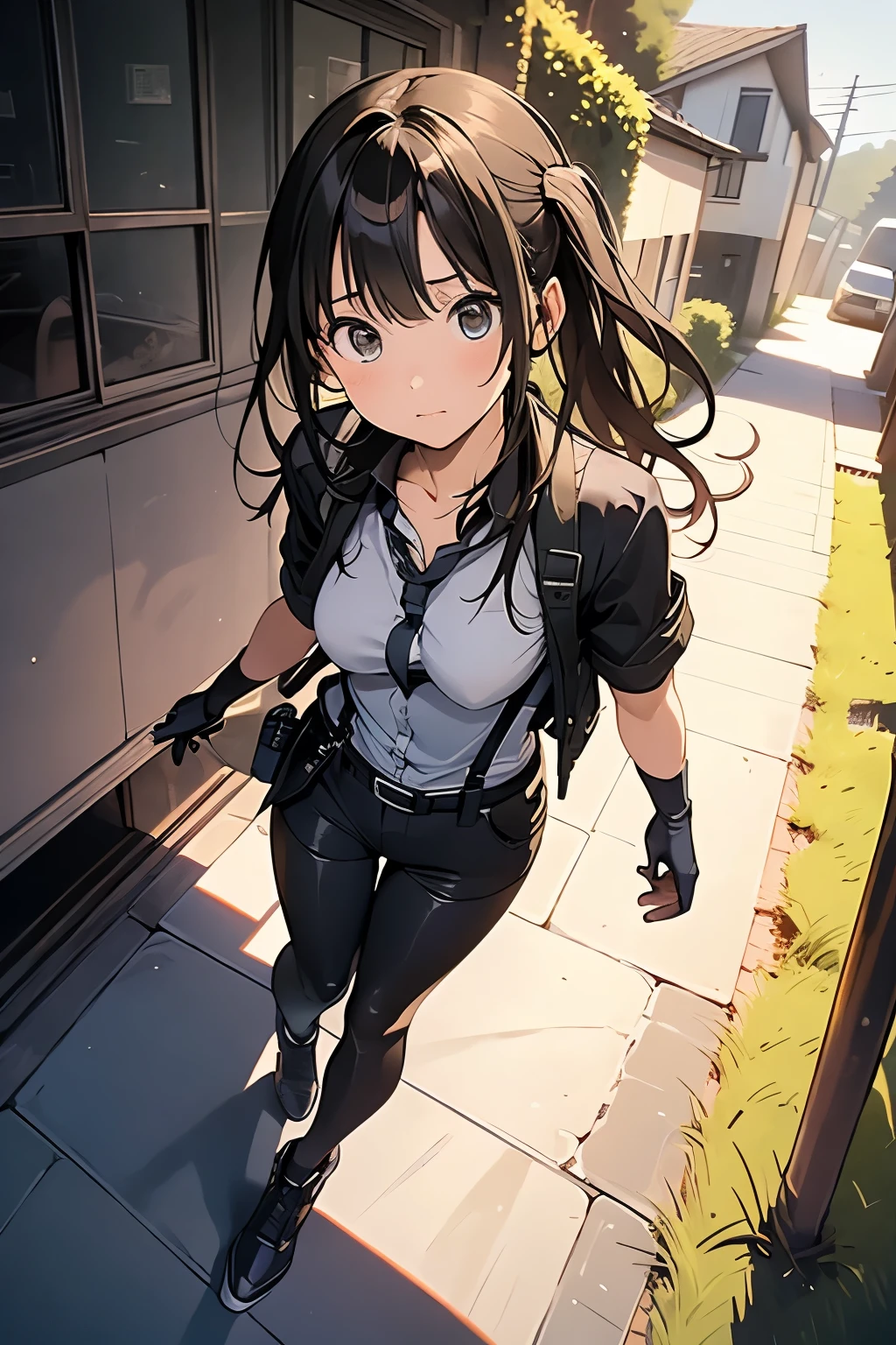 high quality, masterpiece, Ultra-high resolution, (realism: 1.4), Oil painting style, Cinema Lighting, An endless grassland dotted with a few houses, I stood on the empty asphalt road and looked at it., Fairy Mountain々was shrouded in mist, And the suspenders with the cranes flying Moderate breasts Small face holster Lying in bed Looking up Sweat belt summer 脇Sweat Black Hole Gloves suit shirt Black jacket Black trousers Leg Links ズボンにbelt holster Hands behind your back Anxious expression Looking up Anxious face
