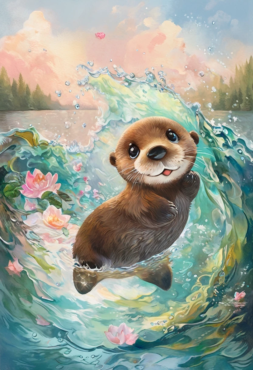 best quality, super fine, 16k, 2.5D, delicate and dynamic depiction, fusion of watercolors and oil paintings, cute sea otter with silly, funny face floating on the watersoft sparkling effects, cute illustration style, light pastel colors, portrait, forests, beautiful landscapes