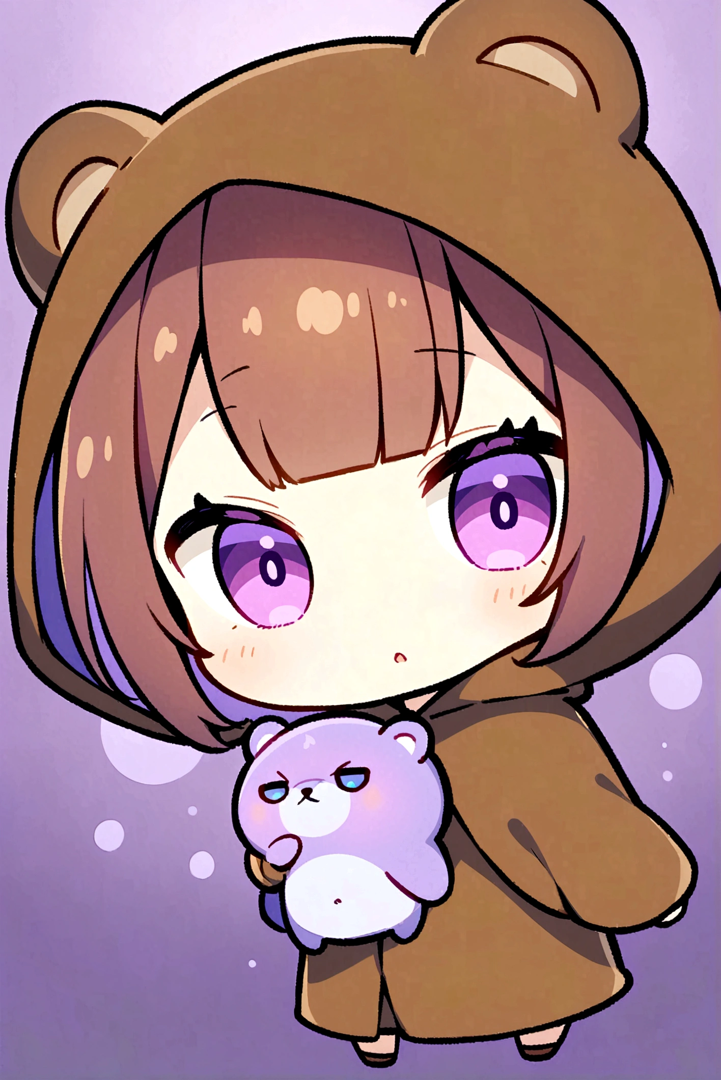 Brown Hair、Wearing a dark brown bear hood、Bangs、Bangs Style、茶髪ロングのChibi Character、Wearing a dark brown bear ear hooded blanket、Purple Eyes、Purple betta background、Chibi Character、Holding a teddy bear