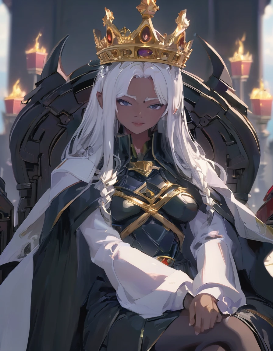 Kindly, Generate an image of an imposing MAN wearing a crown on his head, Sitting authoritatively on a special throne，This throne is located in the center of the radiant cross. He wears a white cloak，Flow around him, Adding a touch of mystery to his figure. In one of your hands, He held a staff that looked majestic. The whole scene takes place during the day, The cobblestone streets cast deep shadows. Around the throne, holy light, Crackling and shining;, Cast a sinister glow around you. His glow disturbed the whole scene。Around the throne，Standing are four Valkyries with different looks and figures, full of divinity，Fence the throne，The combination of daylight and flame creates dramatic contrasts, Revealing the details of the throne, 3d