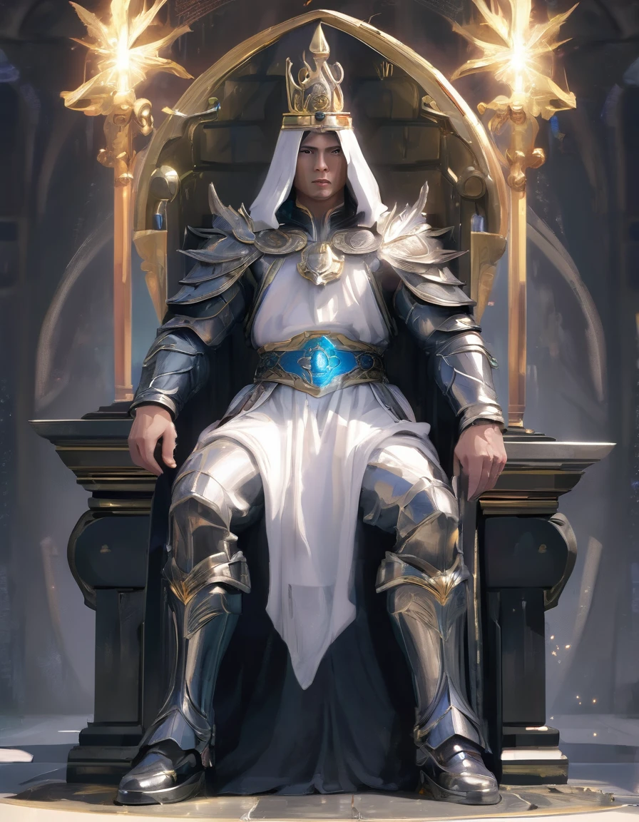 Kindly, Generate an image of an imposing MAN wearing a crown on his head, Sitting authoritatively on a special throne，This throne is located in the center of the radiant cross. He wears a white cloak，Flow around him, Adding a touch of mystery to his figure. In one of your hands, He held a staff that looked majestic. The whole scene takes place during the day, The cobblestone streets cast deep shadows. Around the throne, holy light, Crackling and shining;, Cast a sinister glow around you. His glow disturbed the whole scene。Around the throne，Standing are four Valkyries with different looks and figures, full of divinity，Fence the throne，The combination of daylight and flame creates dramatic contrasts, Revealing the details of the throne, 3d