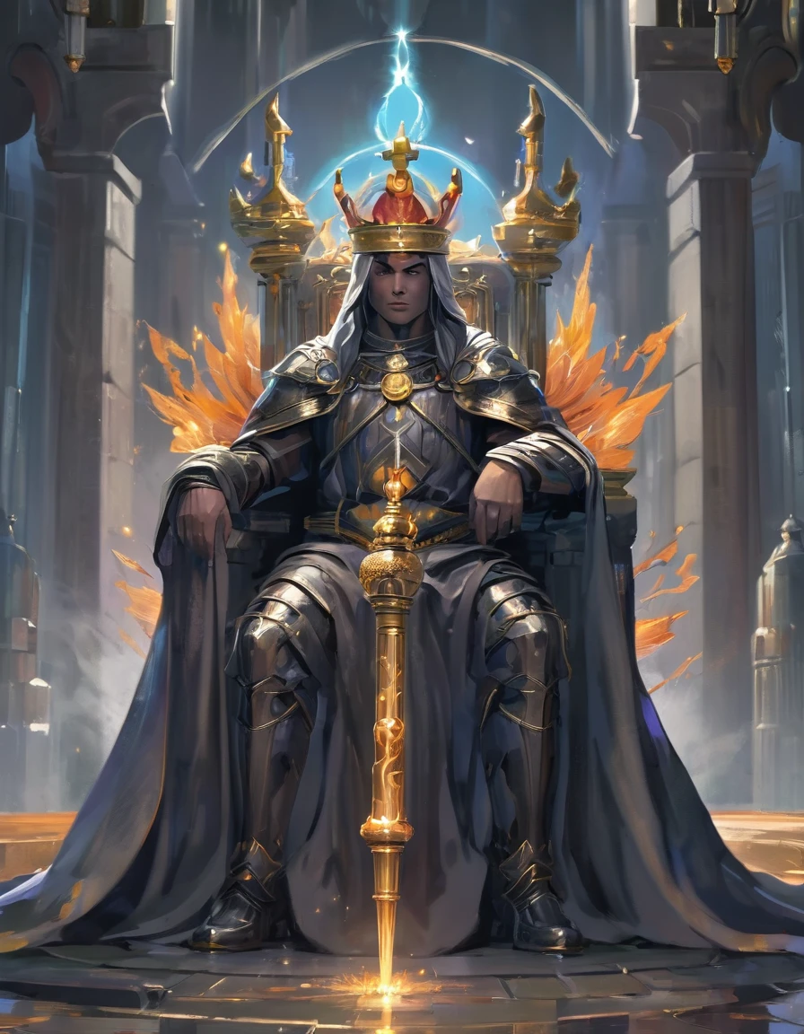 Kindly, Generate an image of an imposing MAN wearing a crown on his head, Sitting authoritatively on a special throne，This throne is located in the center of the radiant cross. He wears a white cloak，Flow around him, Adding a touch of mystery to his figure. In one of your hands, He held a staff that looked majestic. The whole scene takes place during the day, The cobblestone streets cast deep shadows. Around the throne, holy light, Crackling and shining;, Cast a sinister glow around you. His glow disturbed the whole scene。Around the throne，Standing are four Valkyries with different looks and figures, full of divinity，Fence the throne，The combination of daylight and flame creates dramatic contrasts, Revealing the details of the throne, 3d