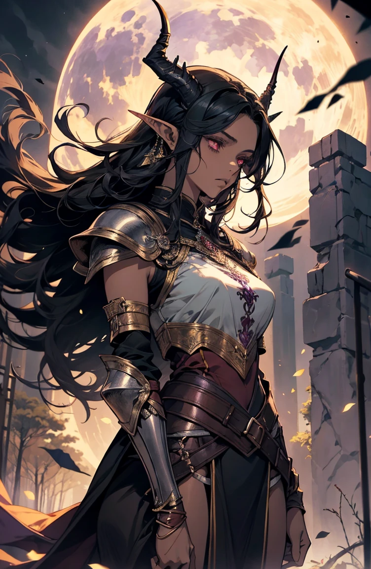 brown skin, older woman, sexy, tall, brown skin, bored, one wing, black hair, elf, elf ears, horns, red eyes, sleeveless, black armor, yellow, night, moon, purple forest, dramatic composition