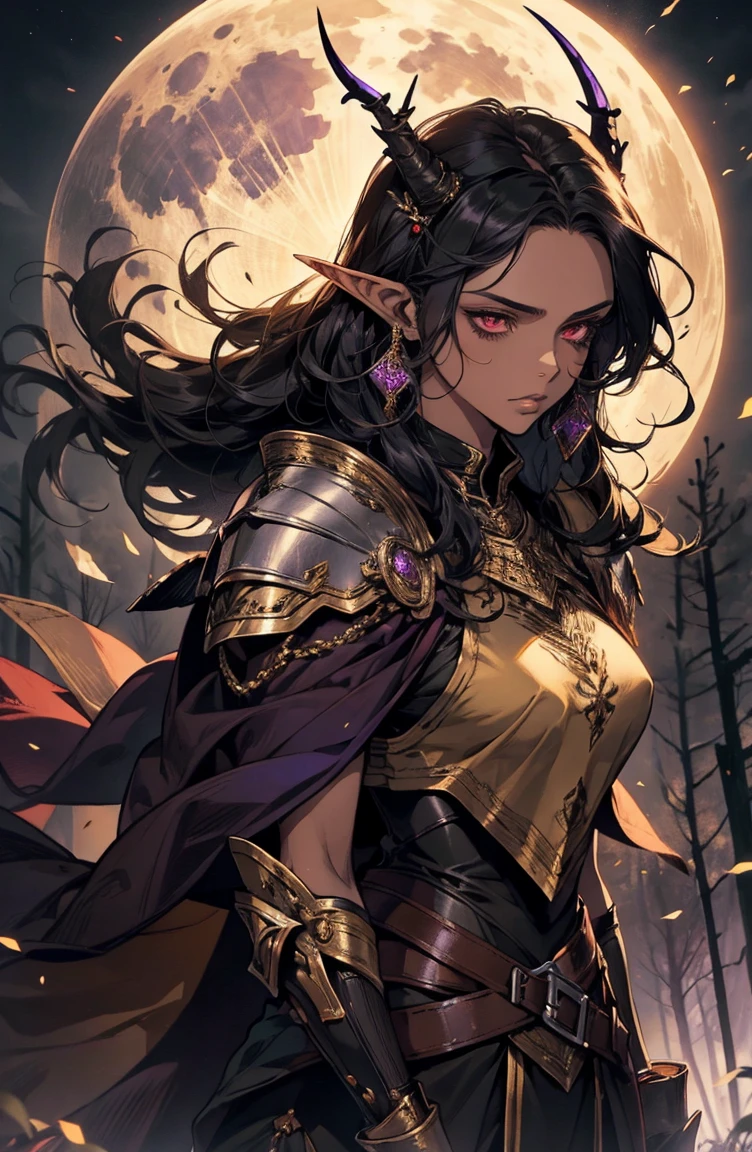 brown skin, older woman, sexy, tall, brown skin, bored, one wing, black hair, elf, elf ears, horns, red eyes, sleeveless, black armor, yellow, night, moon, purple forest, dramatic composition