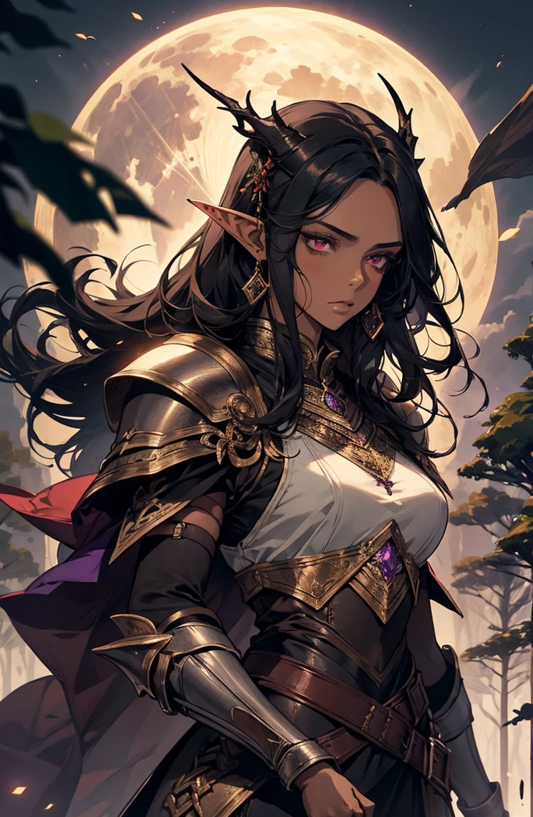 brown skin, older woman, sexy, tall, brown skin, bored, one wing, black hair, elf, elf ears, horns, red eyes, sleeveless, black armor, yellow, night, moon, purple forest, dramatic composition