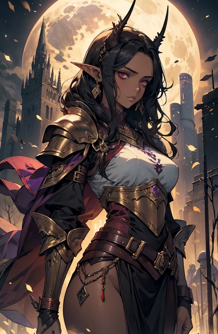brown skin, older woman, sexy, tall, brown skin, bored, one wing, black hair, elf, elf ears, horns, red eyes, sleeveless, black armor, yellow, night, moon, purple forest, dramatic composition