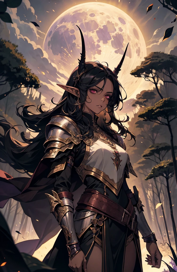 brown skin, older woman, sexy, tall, brown skin, bored, one wing, black hair, elf, elf ears, horns, red eyes, sleeveless, black armor, yellow, night, moon, purple forest, dramatic composition