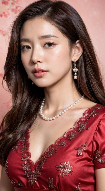 ((Highest quality, 8K, Portrait Photography: 1.3)), (Viewer Display), Photorealism,  Sharp focus, alone, beauty products,Medium Long Hair,Pearl Necklace、Pearl Earrings、 Accentuate your breasts, Medium Chest,(Crimson Dress)，30 years old、Floral Background