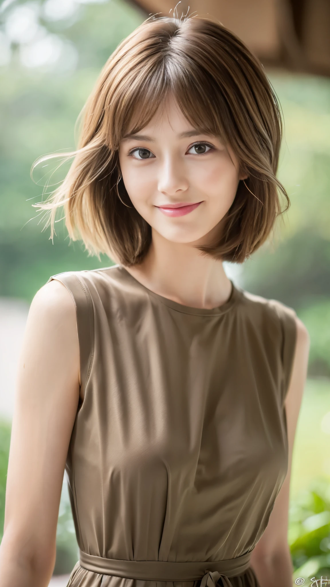 ((Best Quality, 8K, Masterpiece: 1.3)), 1 Girl, Slim Abs Beauty: 1.3, (Hairstyle Brown Hair Shortcut, ), casual Dress, Super Slender Face, Delicate Eyes, Double Eyelids, Smile, Home, Raw Photo