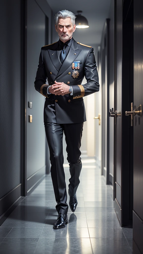 a middle-aged man, short gray hair combed back, piercing gaze, icy blue eyes, impeccable black suit with wide lapels, golden eagle brooch on chest, scar across right cheek, black leather gloves, silver ring with inverted swastika insignia, polished military boots, red silk scarf in pocket