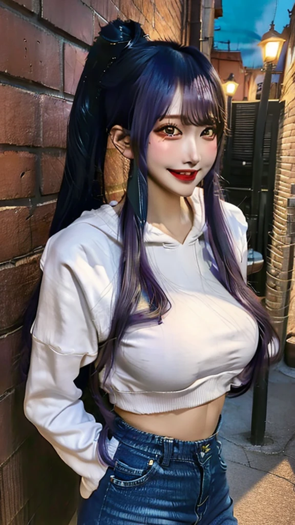 Big thighs　Composition that emphasizes the thighs　Little Devil Smile　Denim hot pants　lure　Large Breasts　Grinning back alley Purple hoodie Ponytail Night