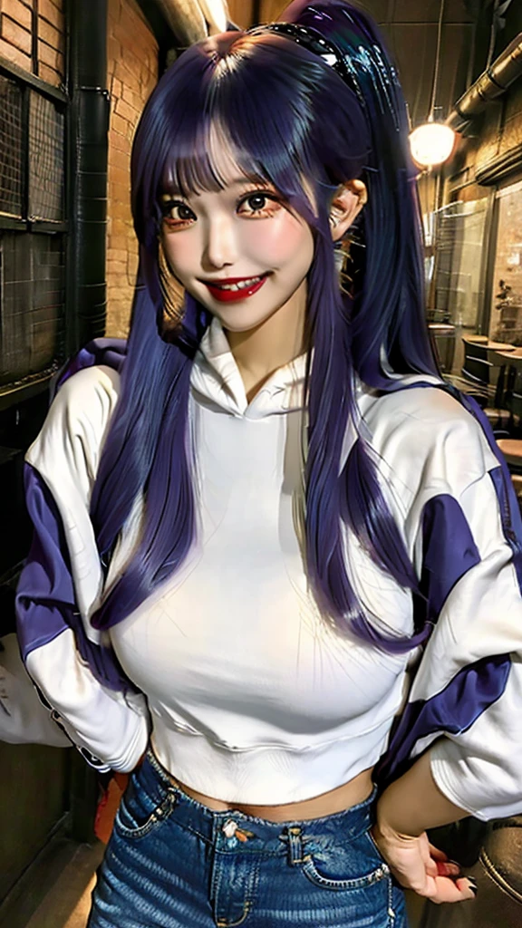 Big thighs Composition that emphasizes the thighs Little Devil Smile Denim hot pants lure Large Breasts Grinning back alley Purple hoodie Ponytail Night