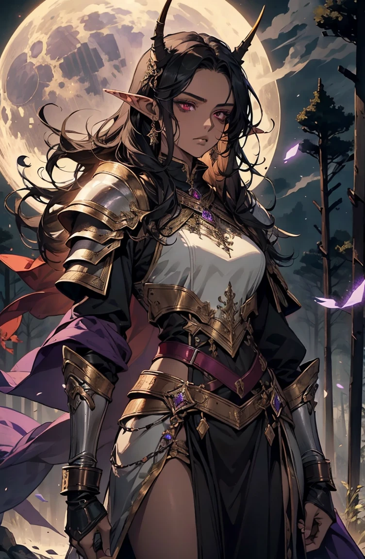 brown skin, older woman, sexy, tall, brown skin, bored, one wing, black hair, elf, elf ears, horns, red eyes, sleeveless, black armor, yellow, night, moon, purple forest, dramatic composition