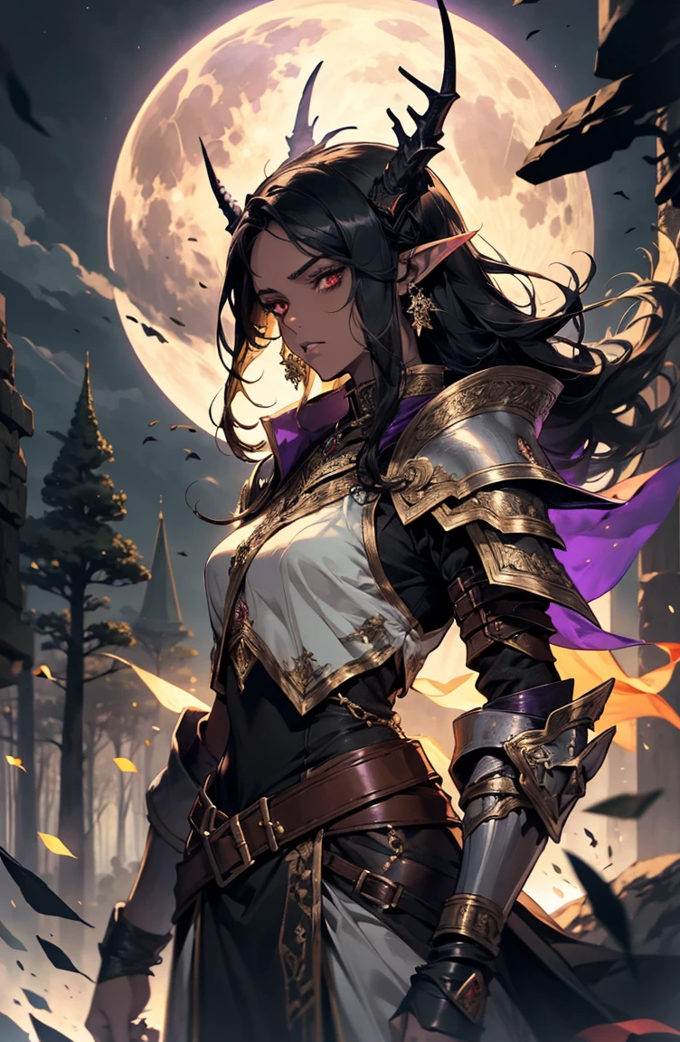 brown skin, older woman, sexy, tall, brown skin, bored, one wing, black hair, elf, elf ears, horns, red eyes, sleeveless, black armor, yellow, night, moon, purple forest, dramatic composition