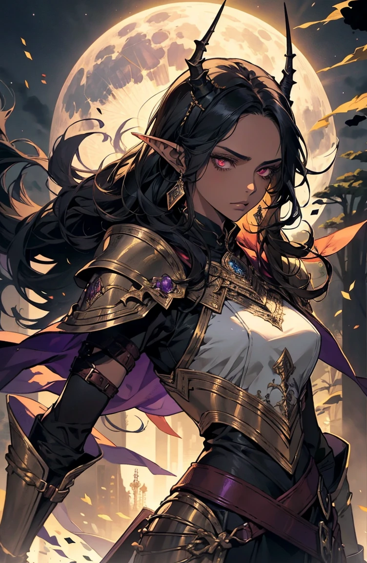 brown skin, older woman, sexy, tall, brown skin, bored, one wing, black hair, elf, elf ears, horns, red eyes, sleeveless, black armor, yellow, night, moon, purple forest, dramatic composition