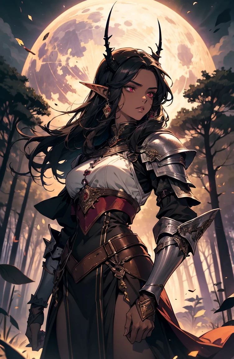 brown skin, older woman, sexy, tall, brown skin, bored, one wing, black hair, elf, elf ears, horns, red eyes, sleeveless, black armor, yellow, night, moon, purple forest, dramatic composition