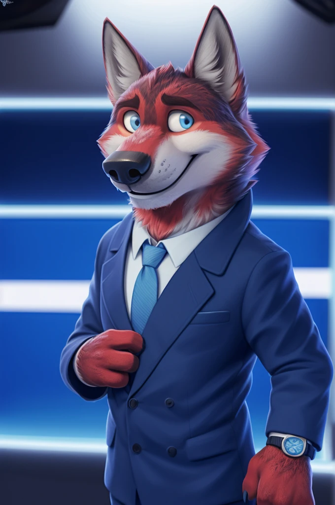 Ivan Fedorovich Wolfbach (Novosibirsk) ,tall handsome, wolf,young, 24 years, brown fur,Kind,(red body:1.3),beautiful blue eyes,Novosibirsk,dressed, Blue jacket, shirt, tie, blue pants, wolf, detailed fur, male,paw pads, finger claws,At the viewer, 5 fingers, paws, 5 fingers, smile, wrist watch, т nextel,by xenoforge, (difficult, high detail, digital photography, soft focus, RAW variety близко к камере, variety,Novosibirsk, smile, good mood, positive, Very close to the camera,presenter Moscow, TV channel Russia 1,lead photorealism, realistic, digital style, Subsurface scattering,looks at the squares, News studio, a good mood, funny, 
masterpiece, Best quality, ultra realistic, 8 thousand.)