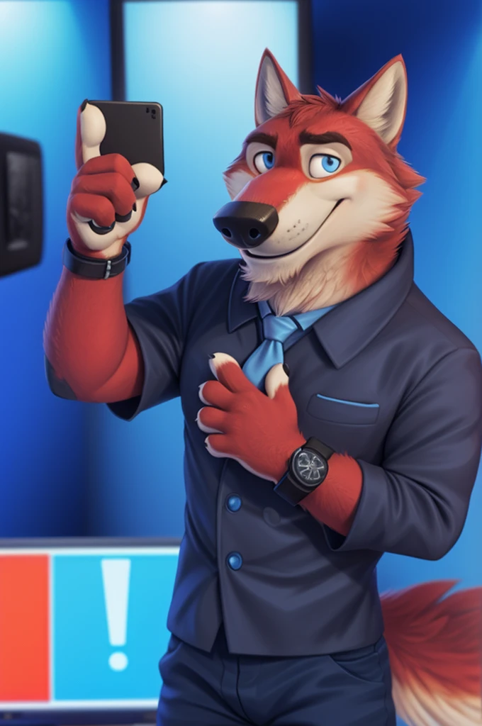 Ivan Fedorovich Wolfbach (Novosibirsk) ,tall handsome, wolf,young, 24 years, brown fur,Kind,(red body:1.3),beautiful blue eyes,Novosibirsk,dressed, Blue jacket, shirt, tie, blue pants, wolf, detailed fur, male,paw pads, finger claws,At the viewer, 5 fingers, paws, 5 fingers, smile, wrist watch, т nextel,by xenoforge, (difficult, high detail, digital photography, soft focus, RAW variety близко к камере, variety,Novosibirsk, smile, good mood, positive, Very close to the camera,presenter Moscow, TV channel Russia 1,lead photorealism, realistic, digital style, Subsurface scattering,looks at the squares, News studio, a good mood, funny, 
masterpiece, Best quality, ultra realistic, 8 thousand.)