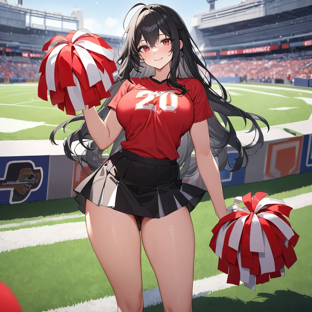 A woman wearing a red sports shirt, with a white number 20 on the shirt, black skirt, cheerleader style, long black socks, sports sneakers, with a pair of red materialized pompoms in her hands, big breasts, black hair, long hair, ahoge, Red eyes, smiling, in the stands of an American football stadium, standing,,UHD , prime work , accurate , anatomically correct , textured skin , super details , high quality , best quality, 8k, high resolution, bokeh effect. (woman alone)