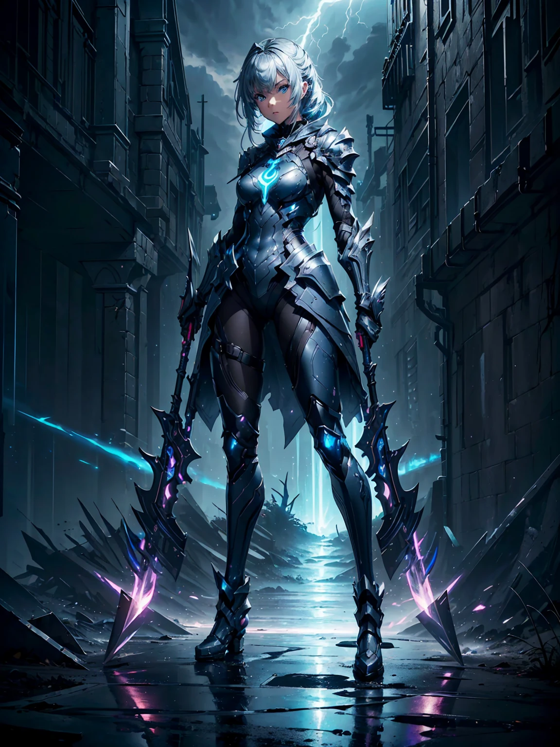 (((masterpiece, best quality, high detailed, 8k))) Design a layout showcase Gaming character, (1girl). Silver|Blue clothes, stylish and unique. ((showcase weapon:1.4)), lightning rod. (masterpiece:1.2), (best quality), 4k, ultra-detailed. (Step by step design, layout art:1.5), (luminous lighting, atmospheric lighting). storm mage, ((glove full hands)), (((revealing clothes:1.3))), vambraces, armored legwear, (((full_body_shot:1.4))). {During a thunderstorm}.
