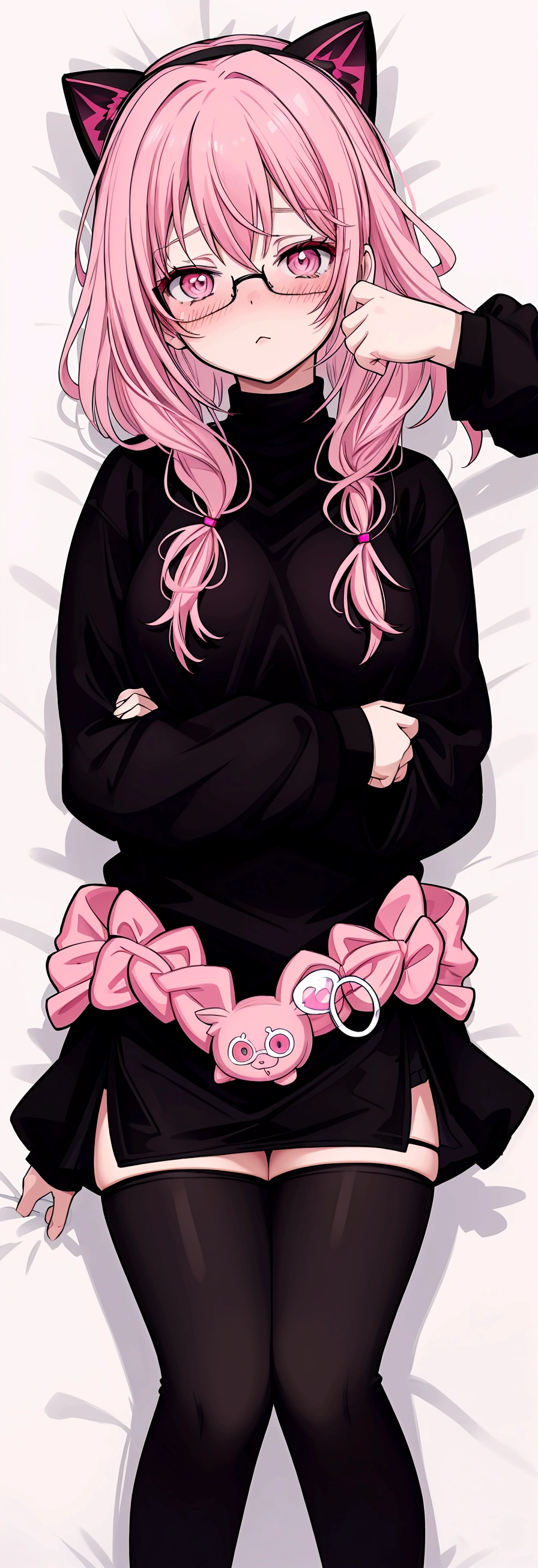 pink hair black glasses pink eyes extremely blushing a big pink sweater a short black skirt at the waist some chains black stockings that she is a reserved girl in her bed that she is hugging a stuffed animal of one among her