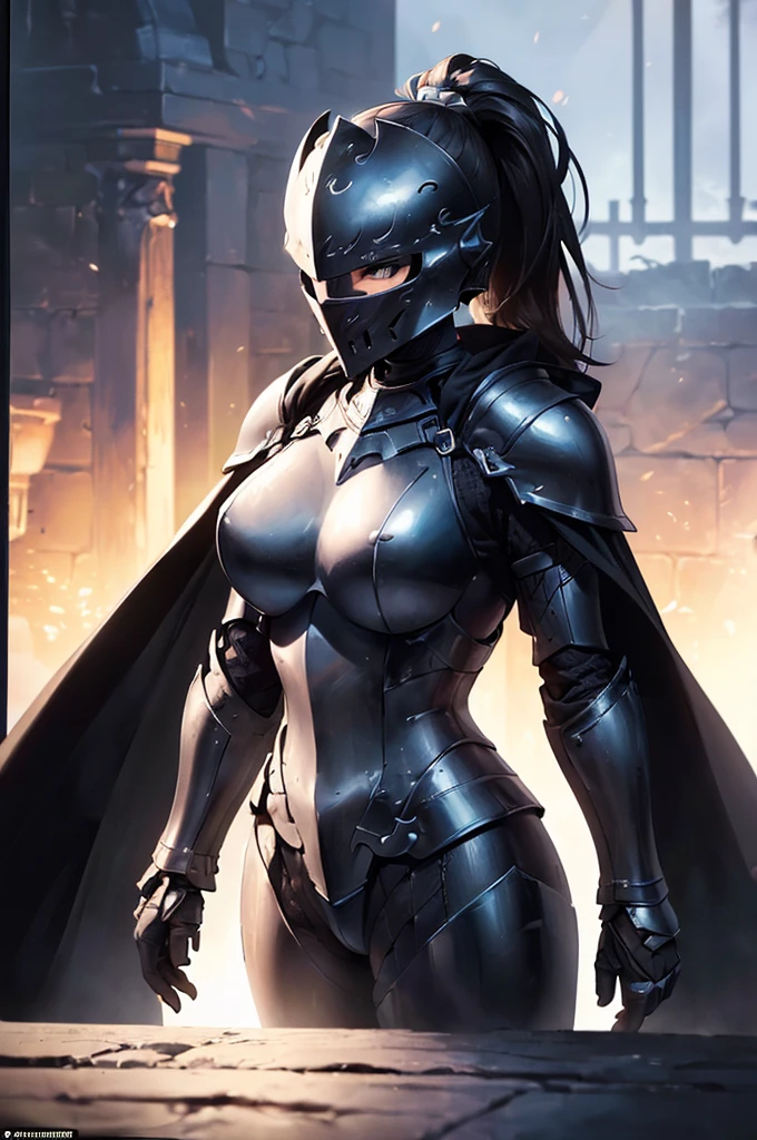 (masterpiece; best quality: 1.2), ((full armored knight woman)), ((solo)), (black eyes: 1.4), (body; toned, lithe, femenine: 1.3), (beautiful and clear background: 1.2), ((depth of field)), (equipment: full plate all-dark full-black realistic armor + closed helmet with ponytail + black cape: 1.3), (anime illustration: 1.2), (background composition; garden exterior + furniture: 1.1), (extremely fine and beautiful: 1.1), (shot composition; standing + centered on torso + close-up: 1.5)