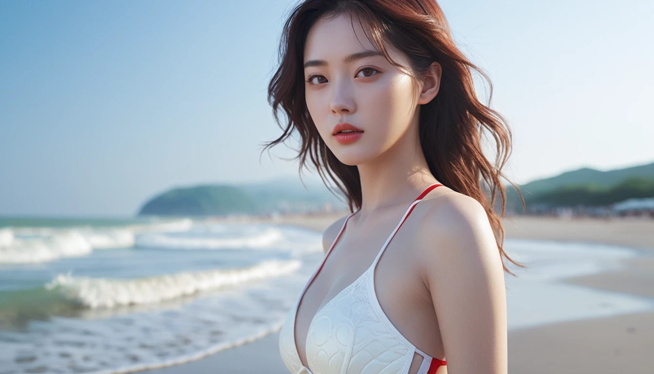 (1 woman:1.3), alone, ((Very detailed face)), ((very detailed 눈과 얼굴)))), beautiful 디테일의 눈, full body body parts, official art, Integrated 8K wallpaper, very detailed, beautiful and beautiful, beautiful, masterpiece, best quality, original, masterpiece, very nice photo, best quality, ultra high resolution, realistic realism, sunlight, full body portrait, amazing beauty, dynamic pose, delicate face, lively eyes, (from the front), she wears bikini swimsuit, White and red color scheme, very detailed 해수욕장 배경, beach waves view, detailed face, Detailed complex busy background, very cool, milk white, very detailed 피부, realistic skin details, visible pores, clear focus, 8k upscale, dslr, high quality, film grain, fair skin, photo realism, lomography, Futuristic dystopian megacity, transparent