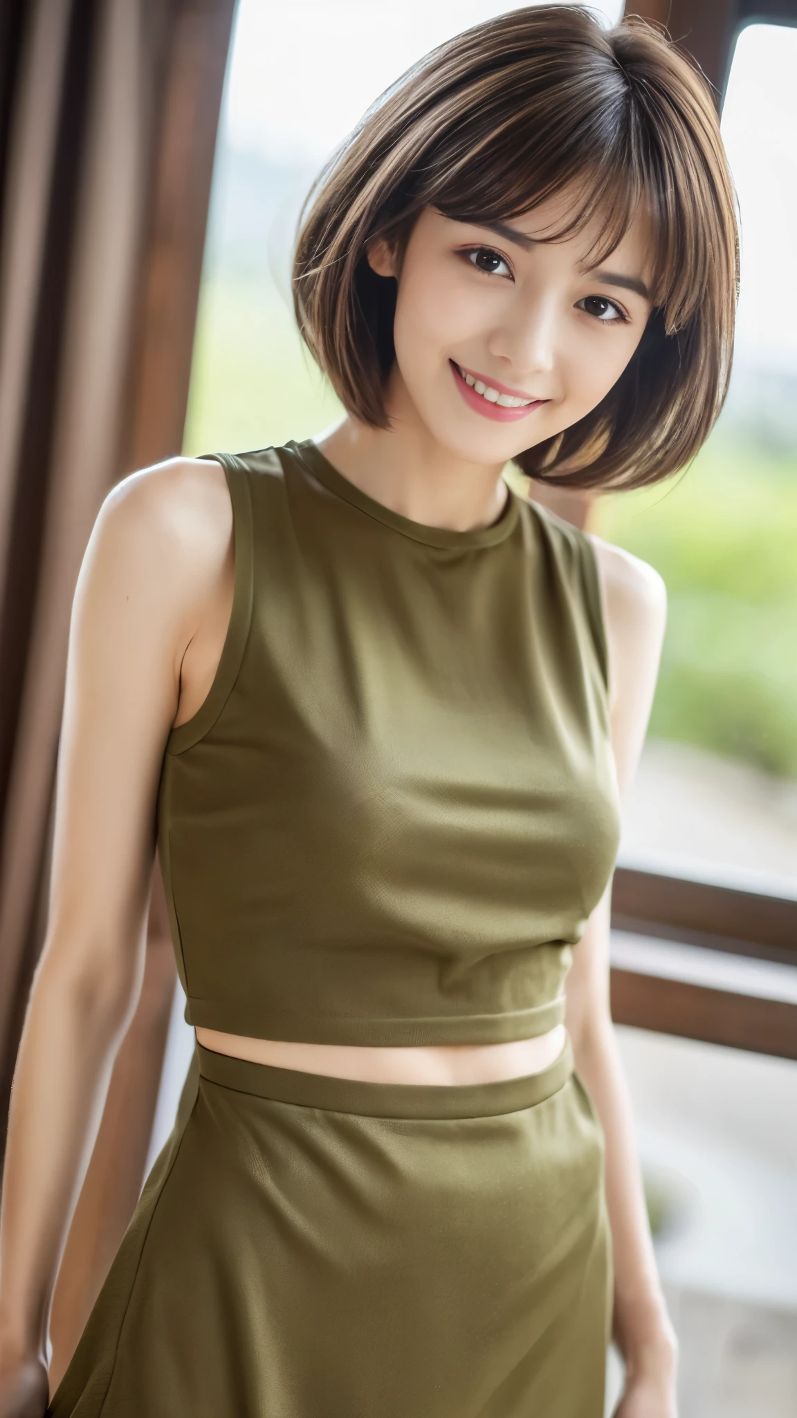 ((Best Quality, 8K, Masterpiece: 1.3)), 1 Girl, Slim Abs Beauty: 1.3, (Hairstyle Brown Hair Shortcut, ), casual Dress, Super Slender Face, Delicate Eyes, Double Eyelids, Smile, Home, Raw Photo